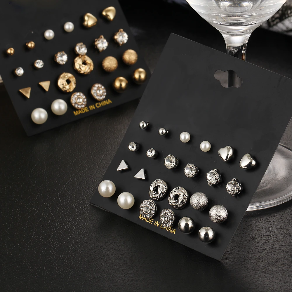 12 шт./компл. круглые серьги гвоздики золотистого цвета из кристаллического