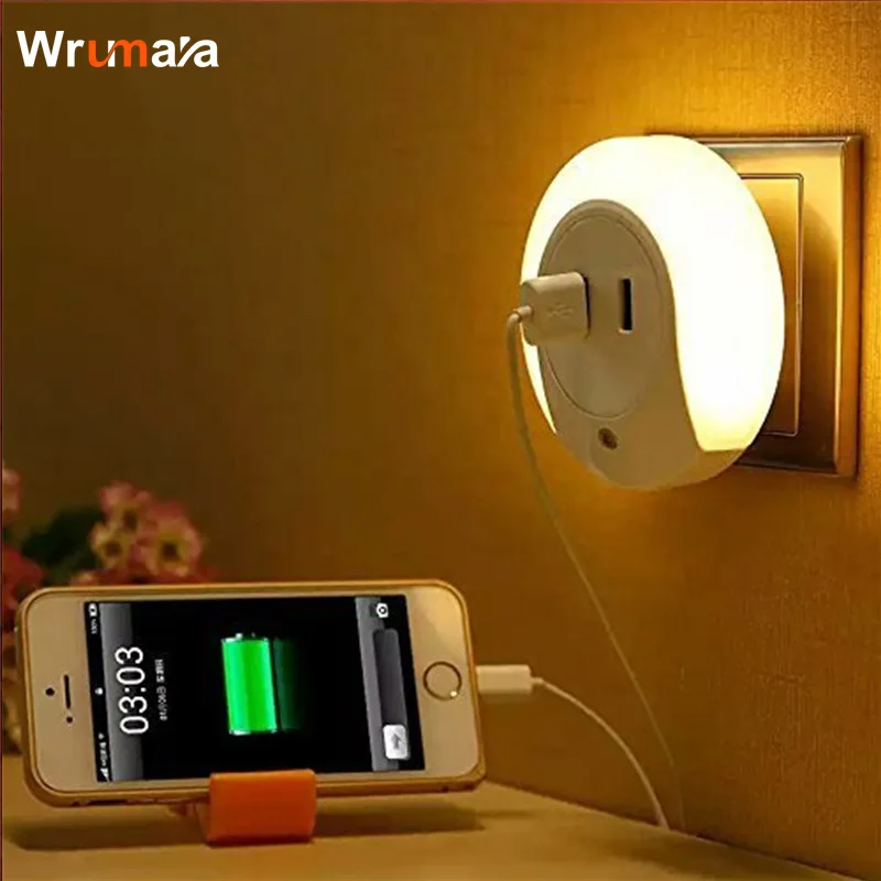 Wrumava дизайн 7 светодиодный ночник с датчиком света двойной USB настенная тарелка зарядное устройство для iphone смартфон 220 V/5 V/2A EU/US Plug