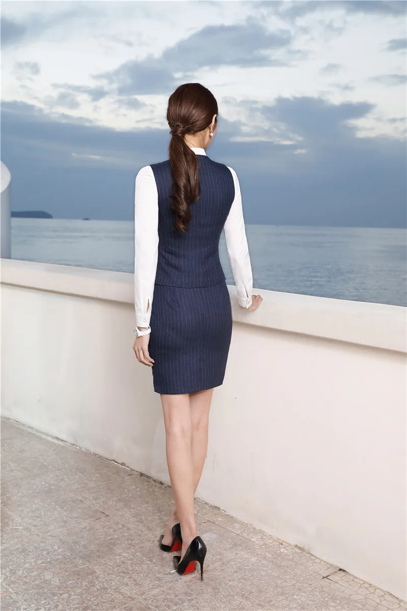 

Fashion Striped Blazers Suits With 2 Piece Skirt and Vest Coat & Waistcoat Ladies Office Work Wear Business Sets Uniform Styles