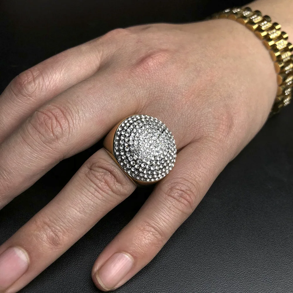 Хип хоп CZ камень паве Bling Ice Out тяжелые Крупные круглые кольца золотого цвета из