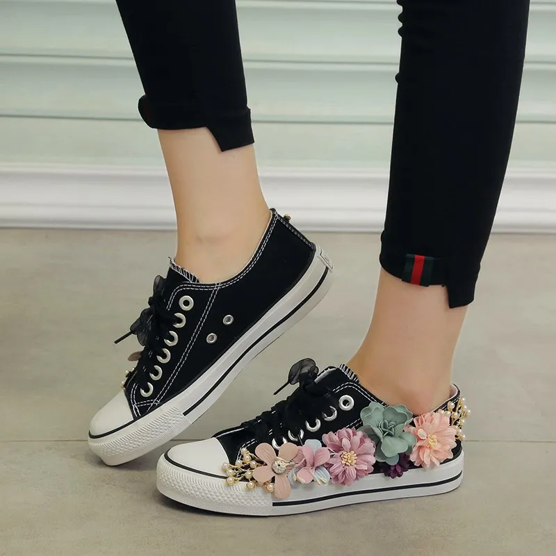 2019 fashion appliques flowers casual shoes ladies flats canvas woman sneakers white black walking MS-108 | Обувь