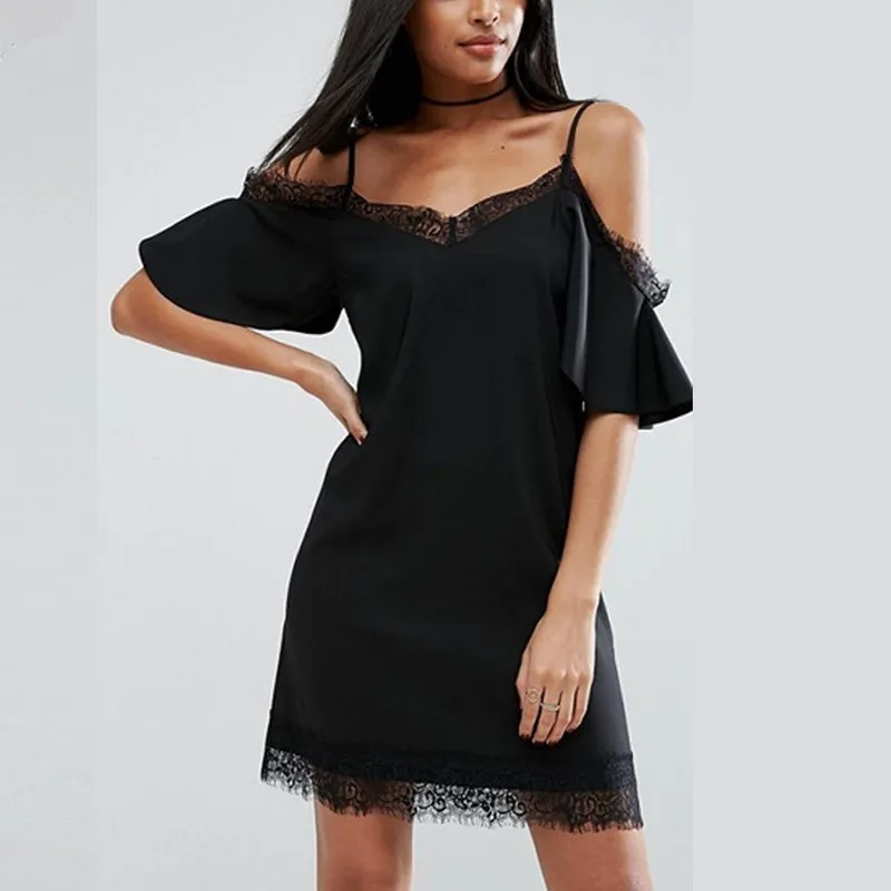 WOM Лето Cold Shoulder Dress 2017 Спагетти ремень короткий рукав Повседневное пикантные
