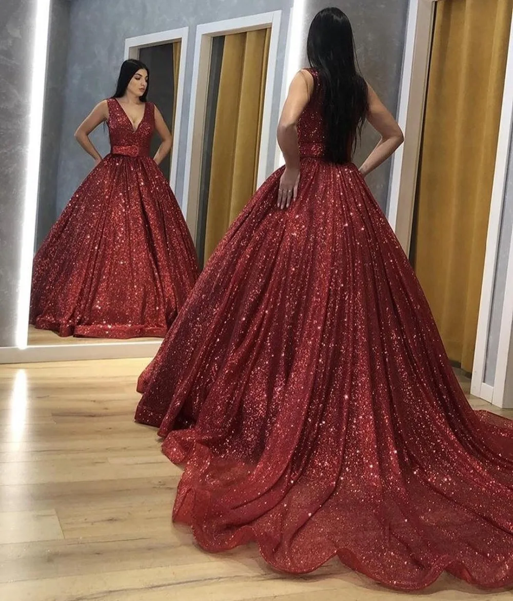 Блестящее бальное платье блестящее для выпускного вечера с глубоким V образным