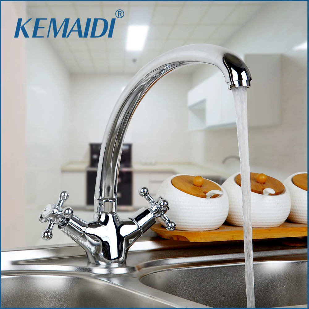 

KEMAIDI Chrome Brass Kitchen Faucet Double Handle Hot and Cold Water Mixer Tap Deck Mounted Torneira Cozinha