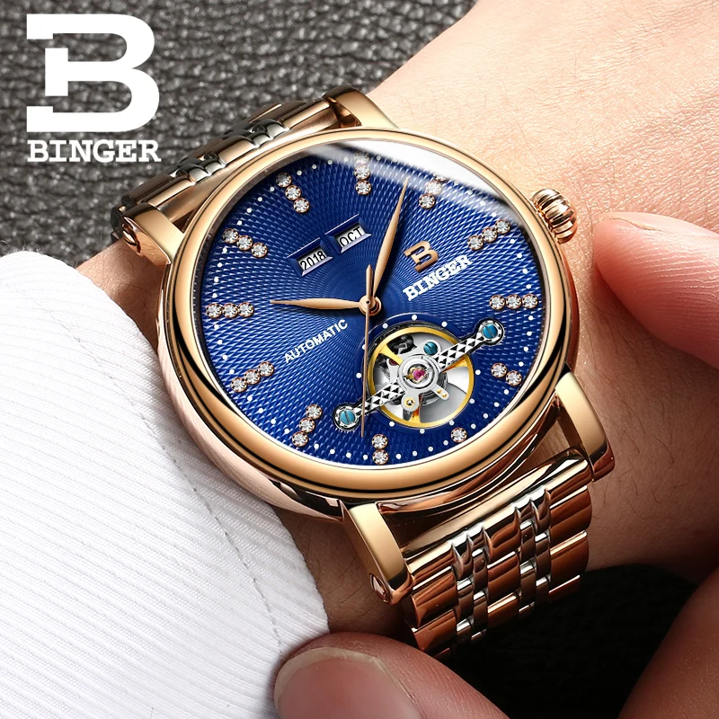 

Automatic Watch For Men BINGER Business Clock Full Steel Mechanical Watches Skeleton Rose Gold Case Blue Dial relogio masculino