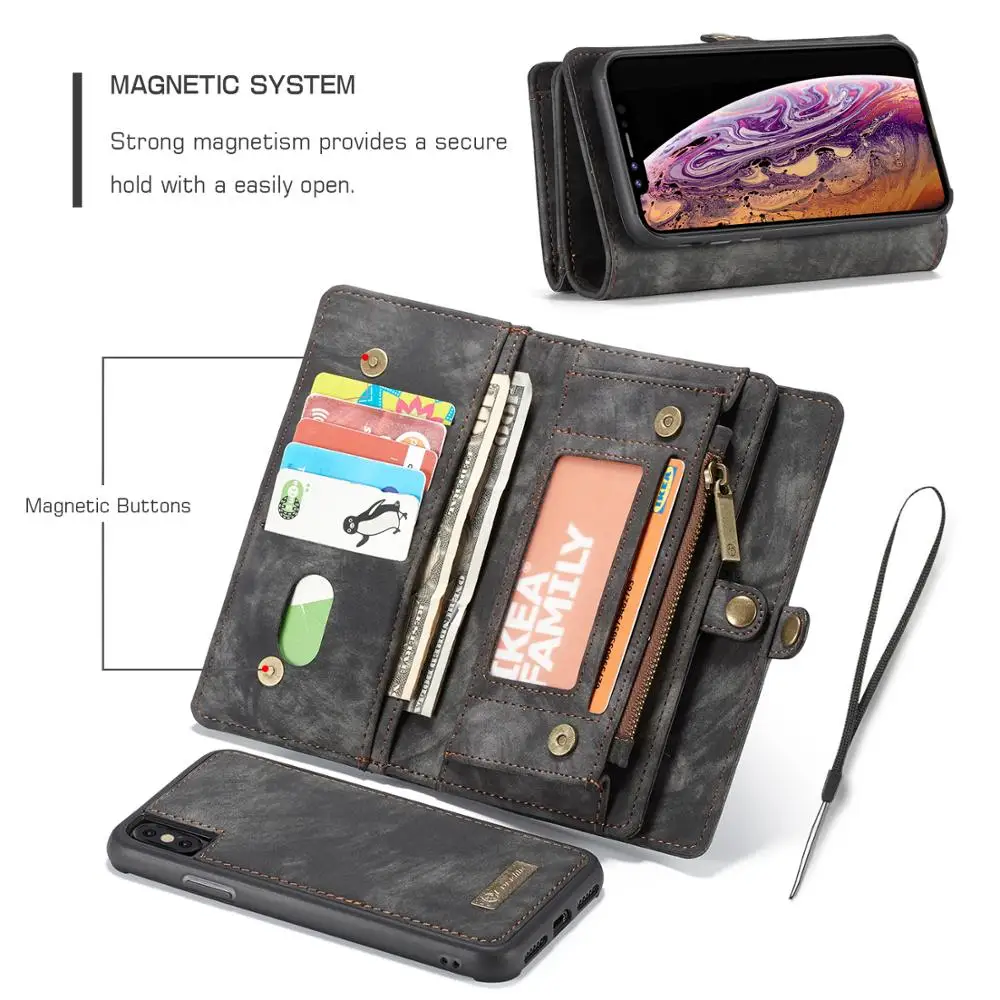 detachable zipper wallet magnetic phone cases for iphone xs max xr 10 genuine leather folio cover for iphone 6 6s 7 8 plus 8plus free global shipping