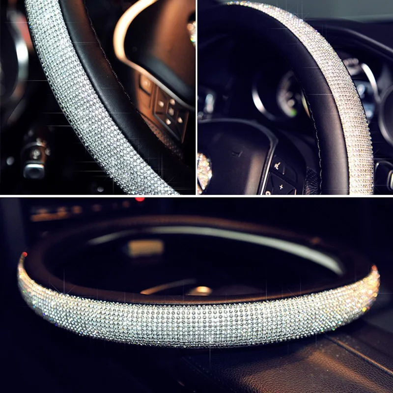 autoyouth cystal steering wheel cover with pu leather bling bling rhinestones universal 15 inch auto steering wheel black silver free global shipping
