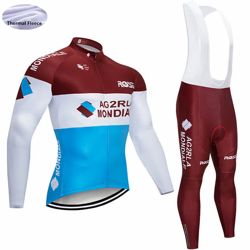 AG2R 2018 pro team длинные рукава Велосипеды Джерси зимний комплект Термальность флис