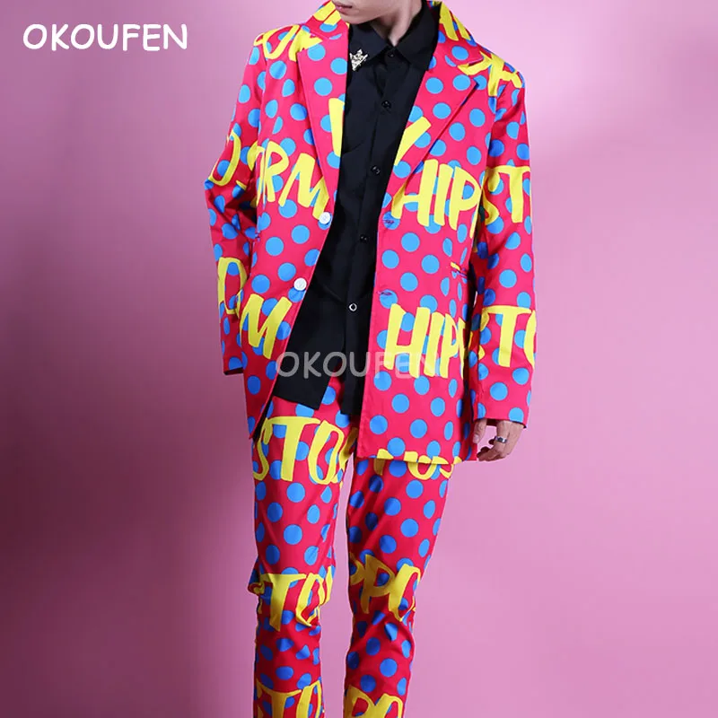 

New Personality Colorful wave dot letter doodle Suits Man loose suit photo studio nightclub dress suit