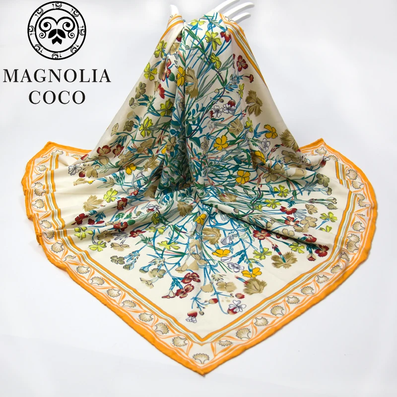 Роскошный брендовый 100% саржевый шелковый шарф MAGNOLIA разноцветный квадратный в
