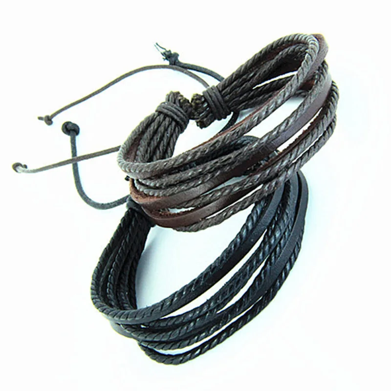 Мужской многослойный Браслет манжета из натуральной кожи вечерние ювелирные