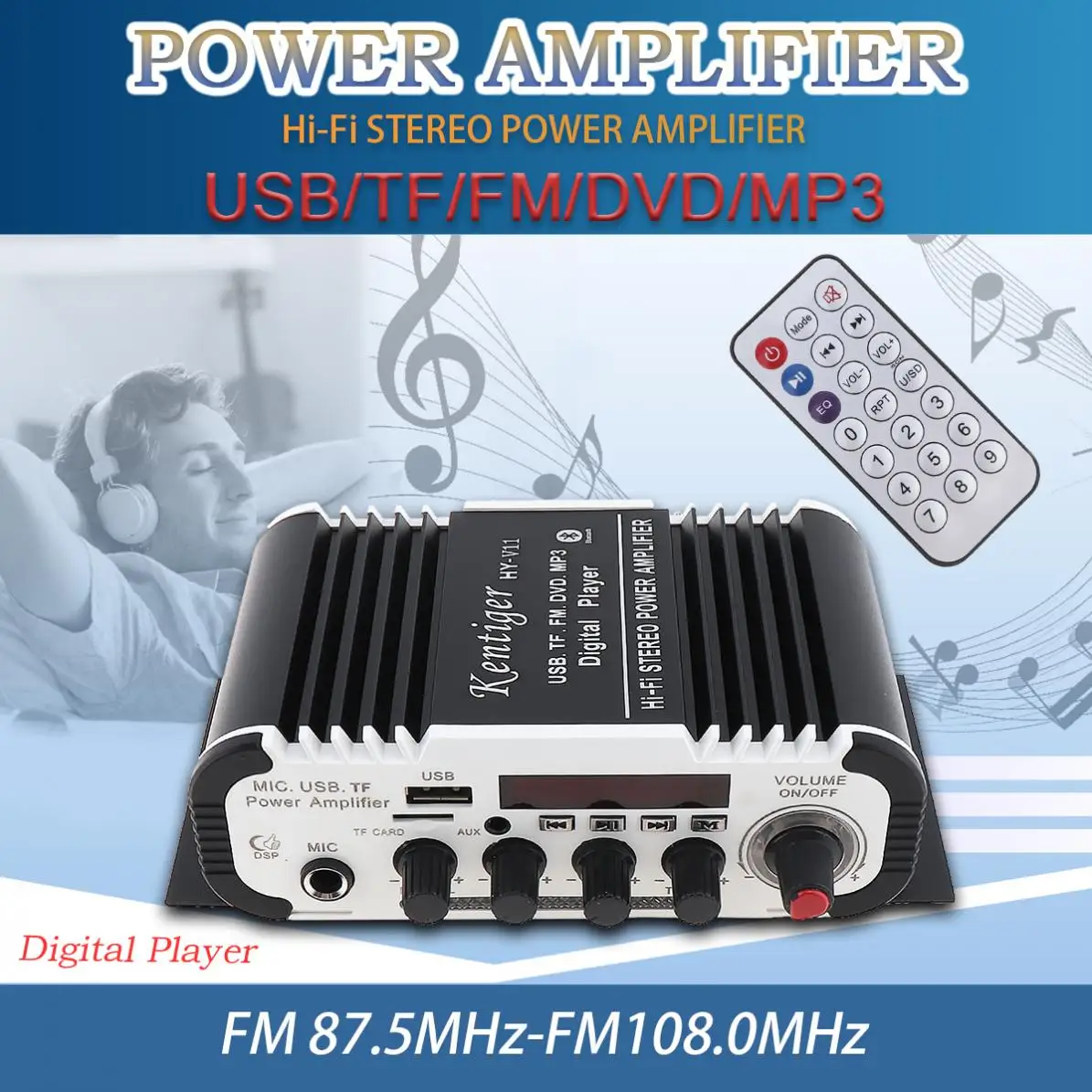 V11 2 канальный Bluetooth автомобильный аудио усилитель мощности DC12V5A авто FM радио