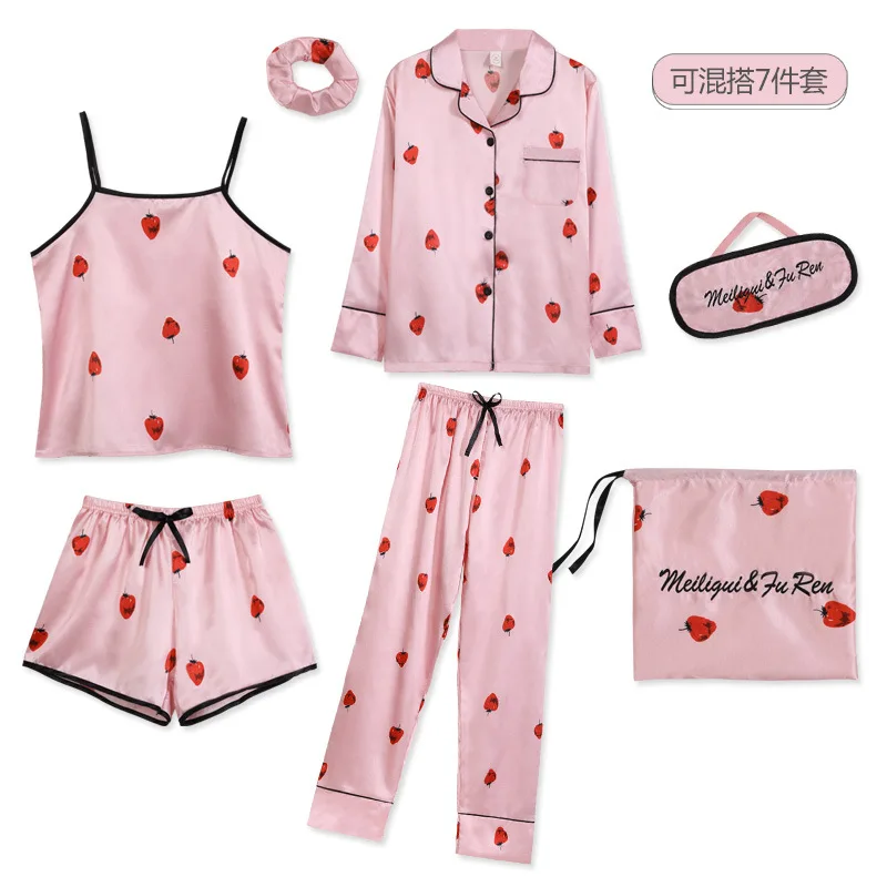 Strap Sleepwear Pyjamas Women's 7 Pieces Pink Pajamas Sets Satin Silk Lingerie Homewear Set Pijamas For Woman | Женская одежда