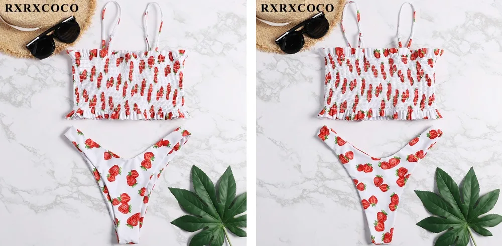 RXRXCOCO купальники для женщин купальник Smocking бикини с высокой талией набор бикини напечатан летний купальник с рюшами пляжная одежда