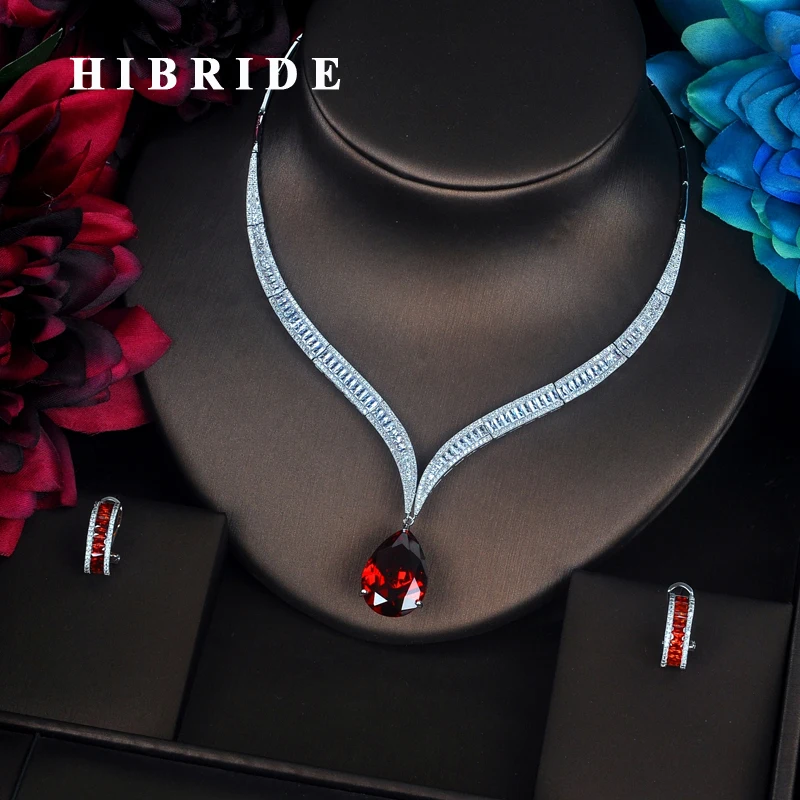 

HIBRIDE Luxury Red Water Drop Cubic Zirconia Women Jewelry Sets Necklace Set Wedding Bride Dress Accessories Party Show N-372