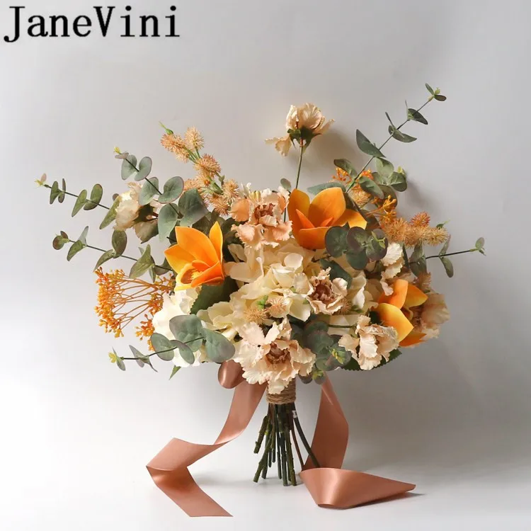 JaneVini 2019 оранжевые свадебные букеты для подружек невесты Cymbidium Eucalyptus Свадебный