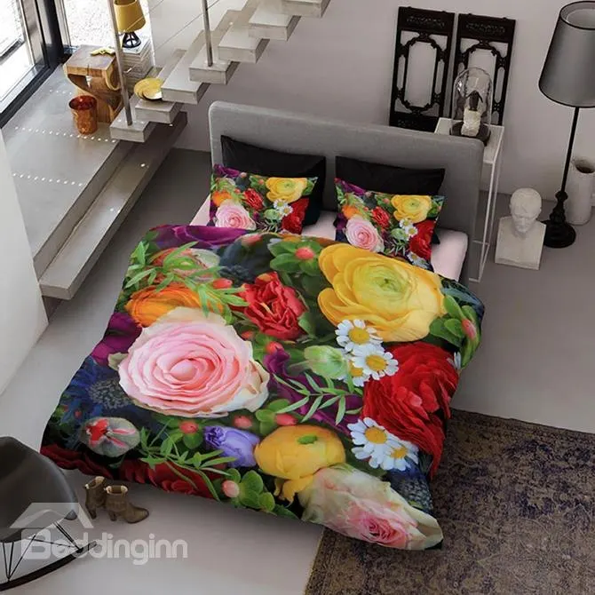 Vibrant Colorful Flowers Print Satin Drill 3-Piece Cotton Duvet Cover Sets | Дом и сад