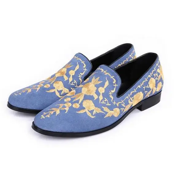 Мужские замшевые мокасины с вышивкой Синие слипоны на плоской подошве лоферы