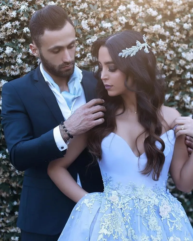 Небесно-голубой Abiye небесно-голубое длинное вечернее платье с аппликацией Небесно-Голубое Длинное Пышное Платье с открытыми плечами в Саудовской Аравии Vestido De Formatura - Цвет: Небесно-голубой