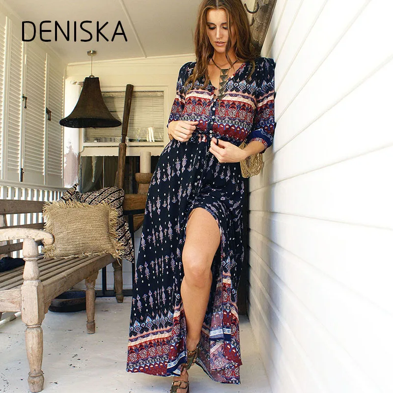 Дениска Для женщин пляжное длинное платье Boho свободные чешские Макси Обёрточная