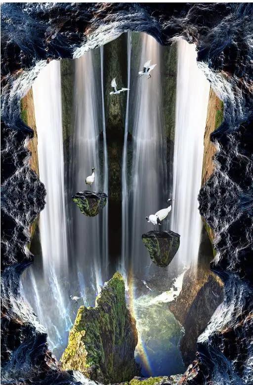 Custom 3D Painting Floor Wallpaper PVC Adhesive Cave Waterfall Scenery Flooring Modern Mural | Обустройство дома