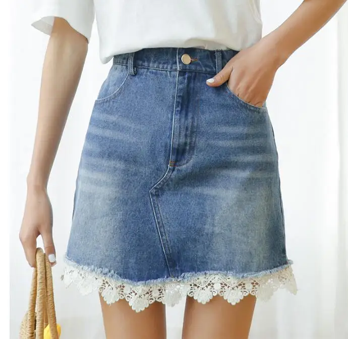 2022 Summer High Waist Skirts Womens Pockets Button Mesh Stitching Sexy Jeans Skirt Female Saias All-matched Denim Skirt