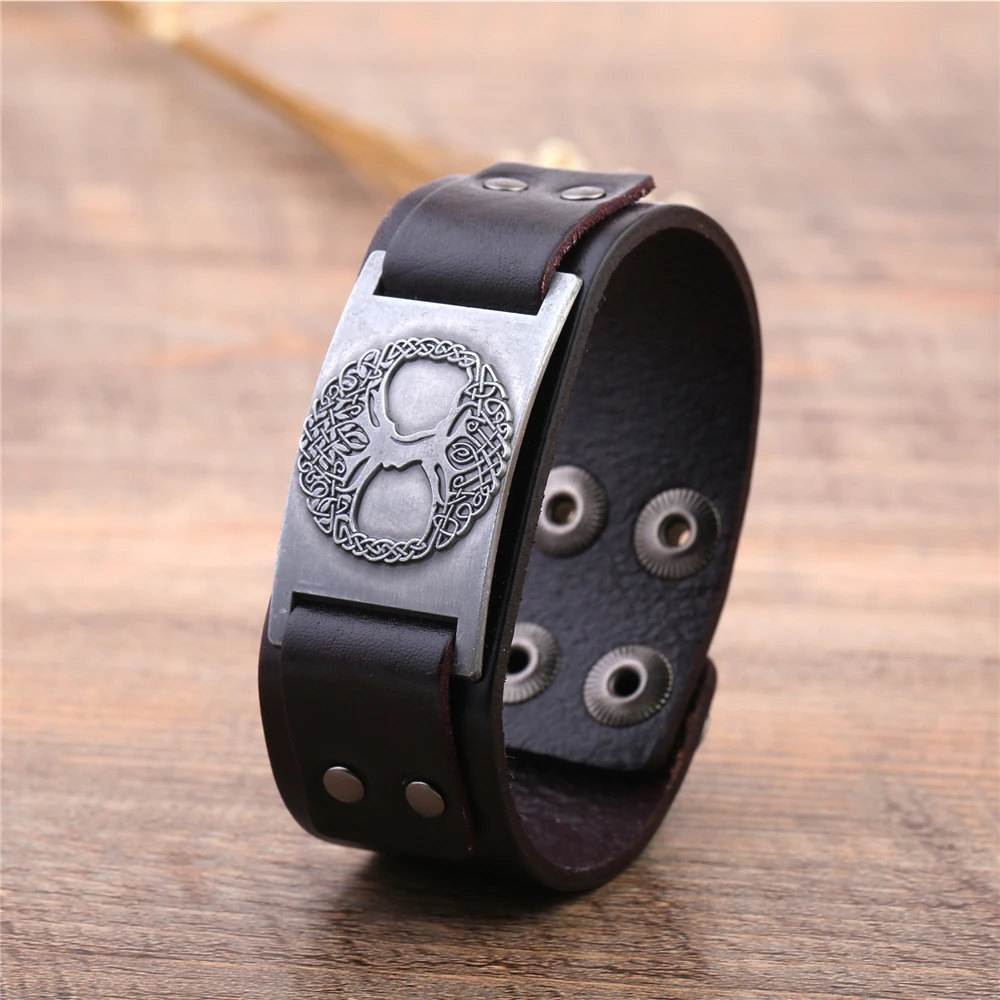 EUEAVAN 5pcs Religion Tree Of Life Amulet Charm Bracelet Wide Black/Brown Men's Leather Viking Bangle For Men | Украшения и