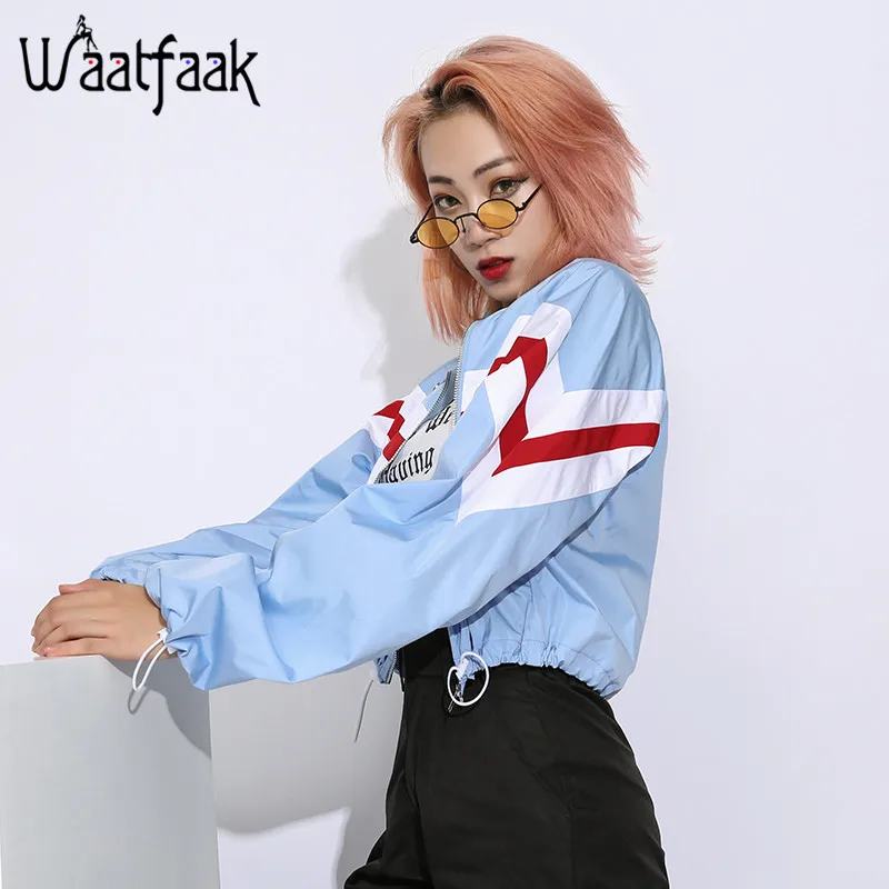 Waatfaak короткая укороченная куртка женская синяя куртка-бомбер с длинным рукавом ветровка Лоскутная с кулиской свободное модное осеннее пальто