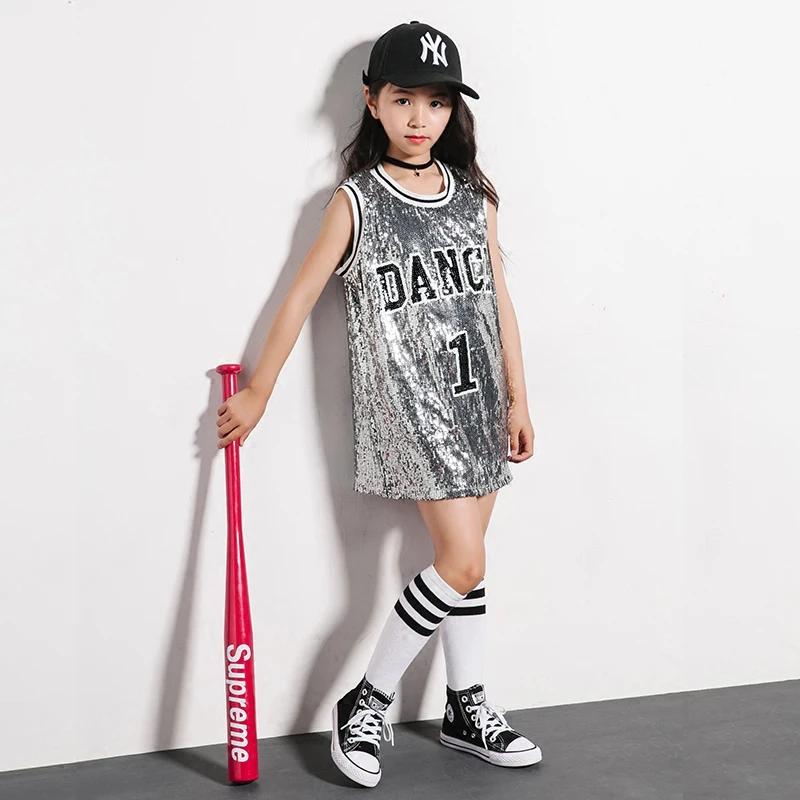 Танцевальные костюмы в стиле хип хоп для девочек цвет красный серебристый платье