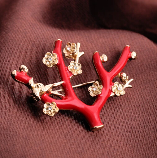 2015 Christmas Promotion Red Enamel Tree leaves flower Brooch Festival Accessory jewelry For women girls vintage brooch | Украшения и