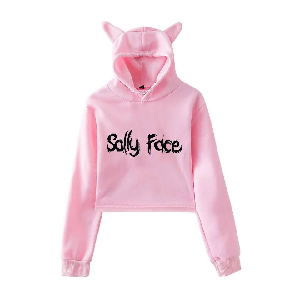 sally pink hoodie Новинка, милая Женская толстовка с капюшоном Sally face для девочек, кроп-топы с кошачьими ушами и принтом в виде глаз sally, укороченная толстовка с капюшоном в виде кошки, пуловер XXS-XXL - Цвет: sally pink hoodie
