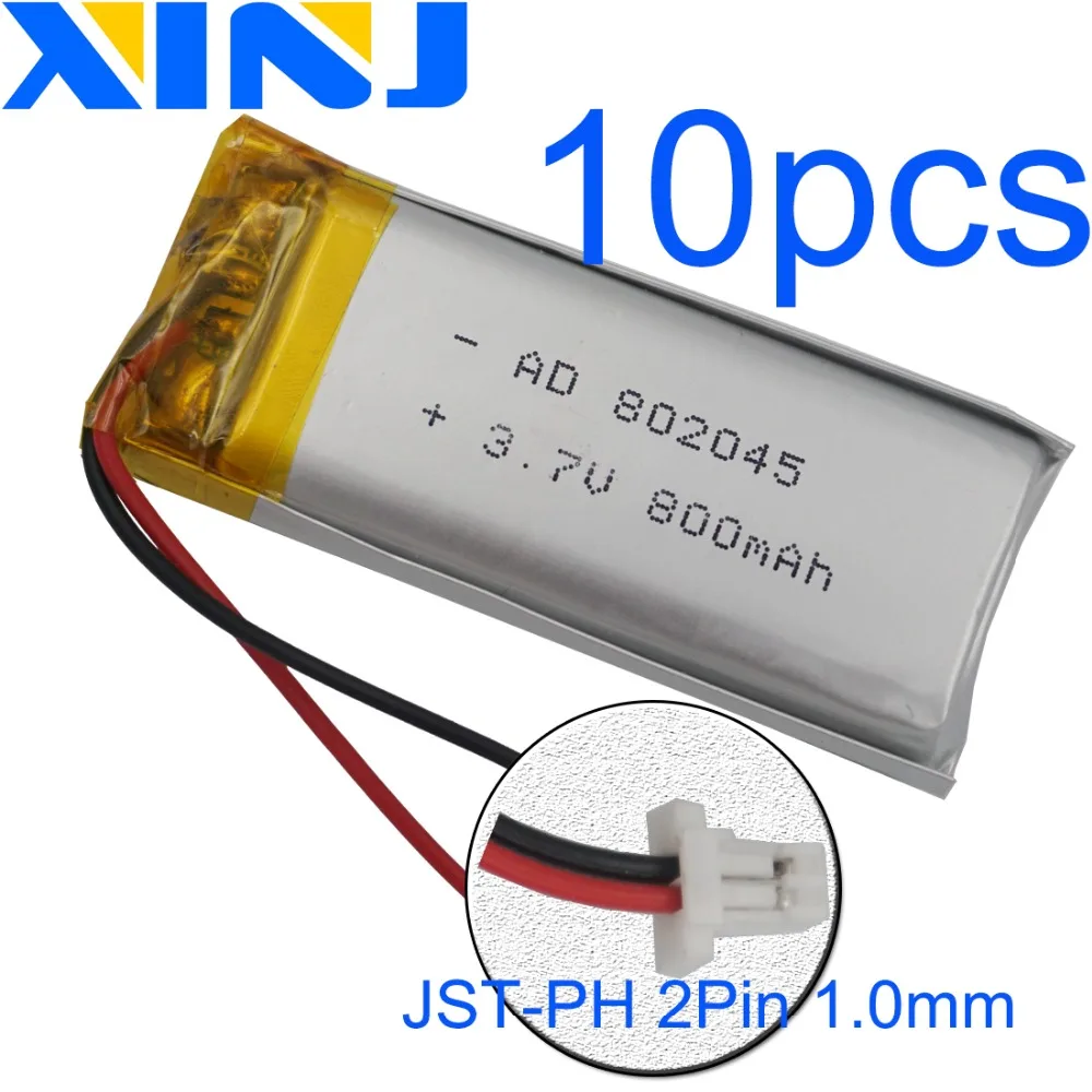XINJ 10 шт. 3 7 в 800 мАч литий полимерная батарея 2pin 1 0 мм разъем 802045 для Bluetooth динамика