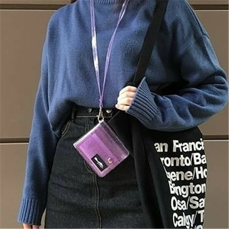 

Transparent ID Card Holder Wallets PVC Folding Lanyard Short Wallet Fashion Women Girl Glitter Case Purse Lanyard Christmas Gift