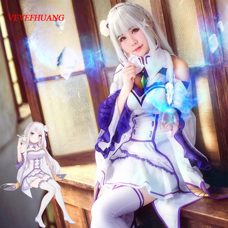 

VEVEFHUANG Re:Zero Emilia Satella Cosplay Wigs Life In A Different World From Zero 100cm Gray Long Hair With Braid