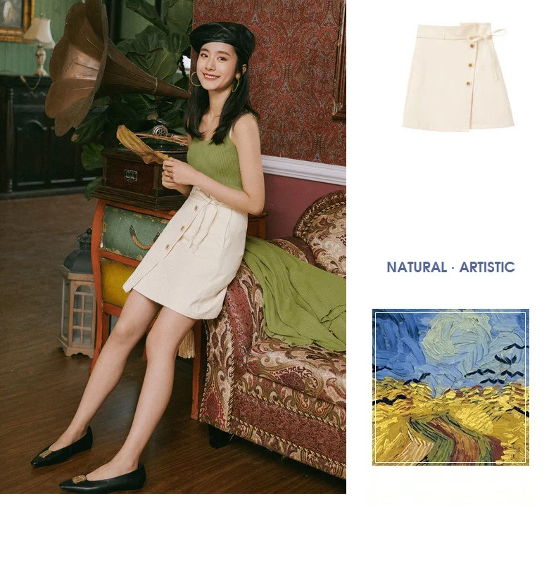 INMAN Autumn New Arrival Young Literary Style Lacing Button Slits A-line Women Short Skirt