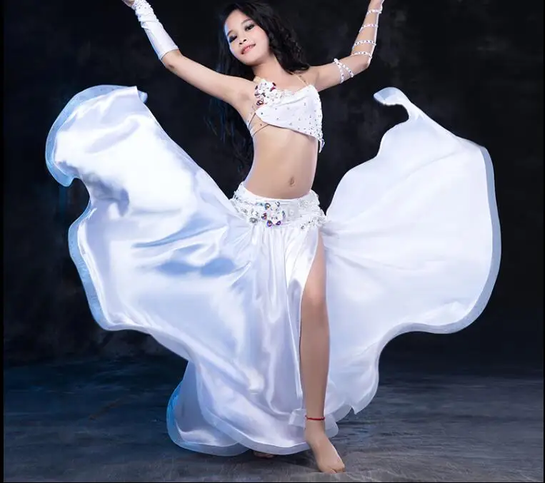 White Новинка,, костюм для танца живота для девочек комплект из 2 предметов(бюстгальтер+ длинная юбка) с рукавами, Детский костюм для выступлений белый корейский дизайн - Цвет: White