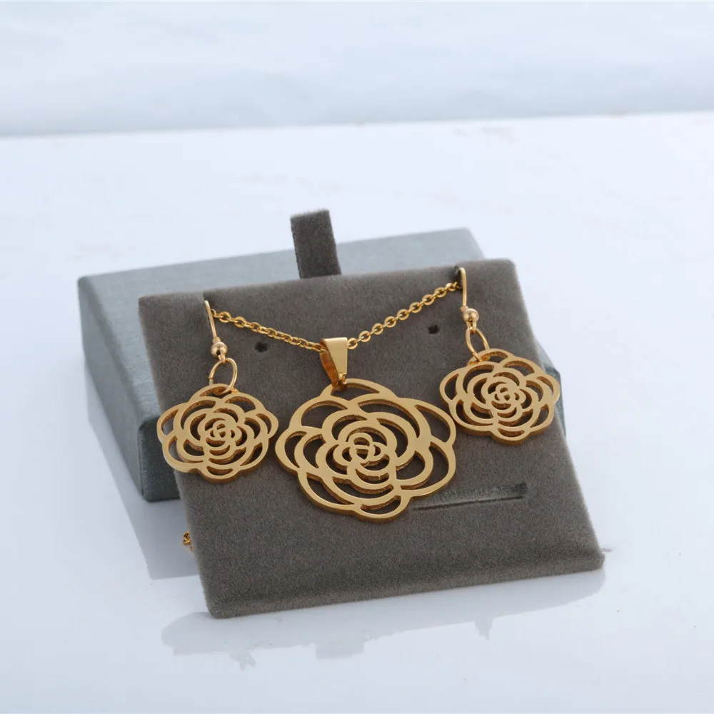 

rose flower sharp earrings necklace jewelry set