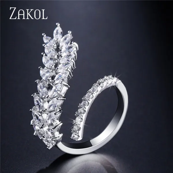 White Color ZAKOL, модные циркониевые обручальные кольца, AAA, прозрачные циркониевые Регулируемые кольца для женщин и девушек, Винтажные Ювелирные изделия в виде листьев, FSRP239 - Цвет основного камня: White Color