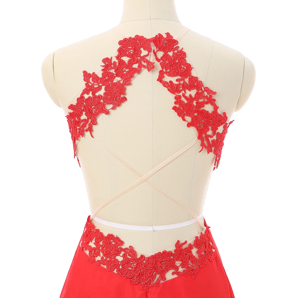 

Red Prom Dresses A-line Halter Chiffon Appliques Lace Open Back Sexy Women Long Prom Gown Evening Dresses Robe De Soiree