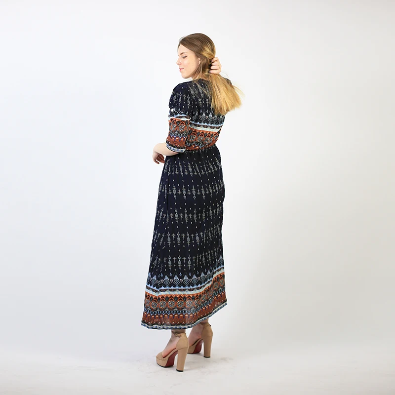 Женское богемное длинное платье с цветочным принтом V-образным вырезом | Женская