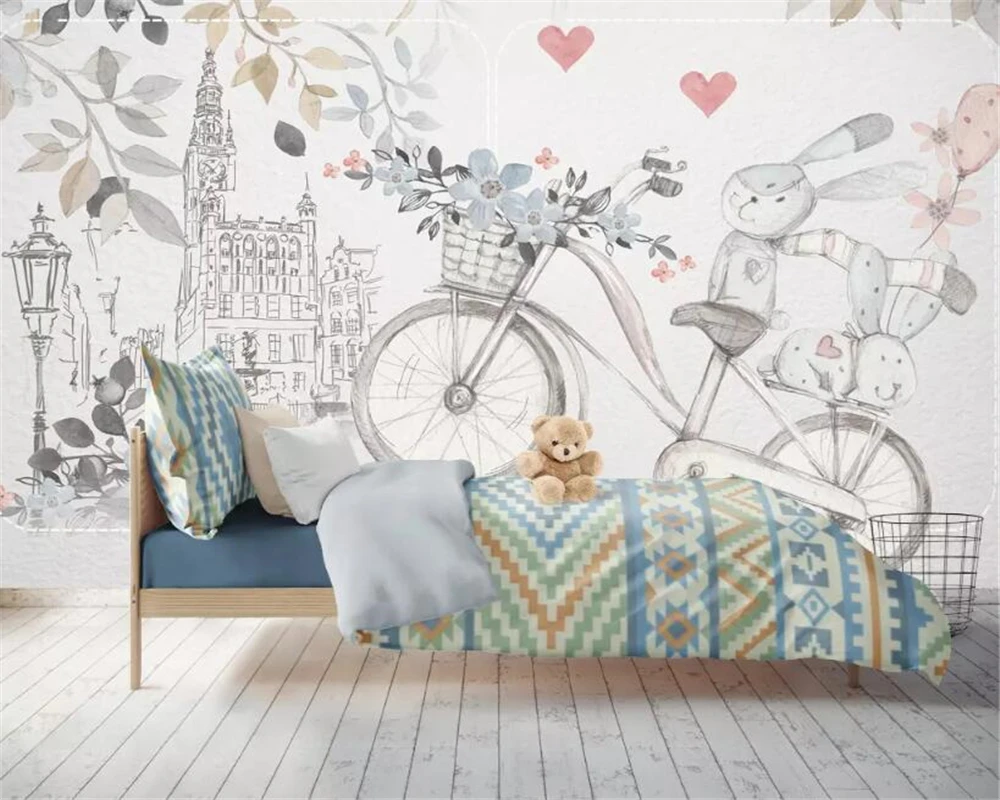 3d обои из шелкового материала ручная роспись милые животные велосипед любовь