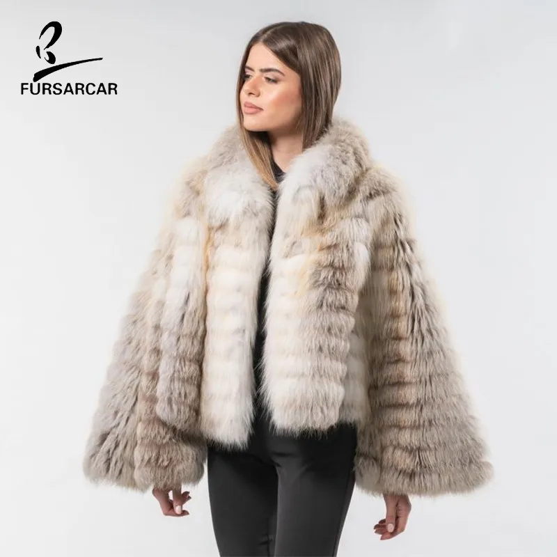 FURSARCAR 2020 Новая женская Настоящая из меха черно бурой лисицы зимнее пальто с