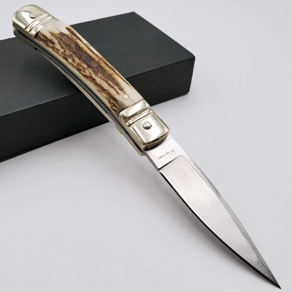 Antler Handle Итальянский мафиозный складной нож D2 лезвие натуральный Рог Ручка Олений Рог карманные ножи выживания Охота тактический быстро открыть EDC инструменты - Цвет: Antler Handle
