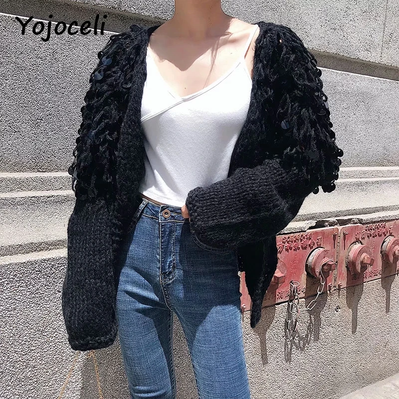 Yojoceli chic 2018 осень witner Блестки bling вязаный свитер Открыть стежка ручной работы