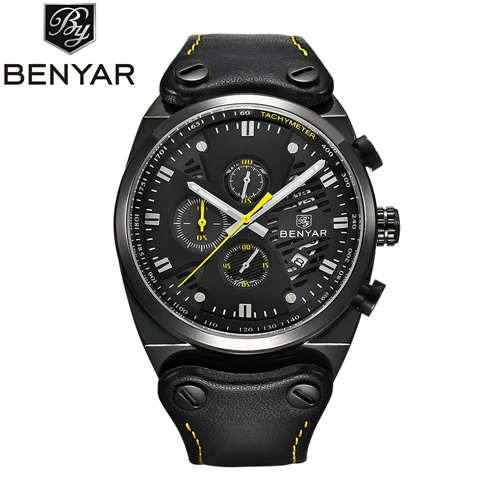 BlackYellow Relogio Masculino BENYAR Роскошные брендовые черные часы Мужские Модные Военные Хронограф Спортивные кварцевые наручные часы с календарем - Цвет: BlackYellow