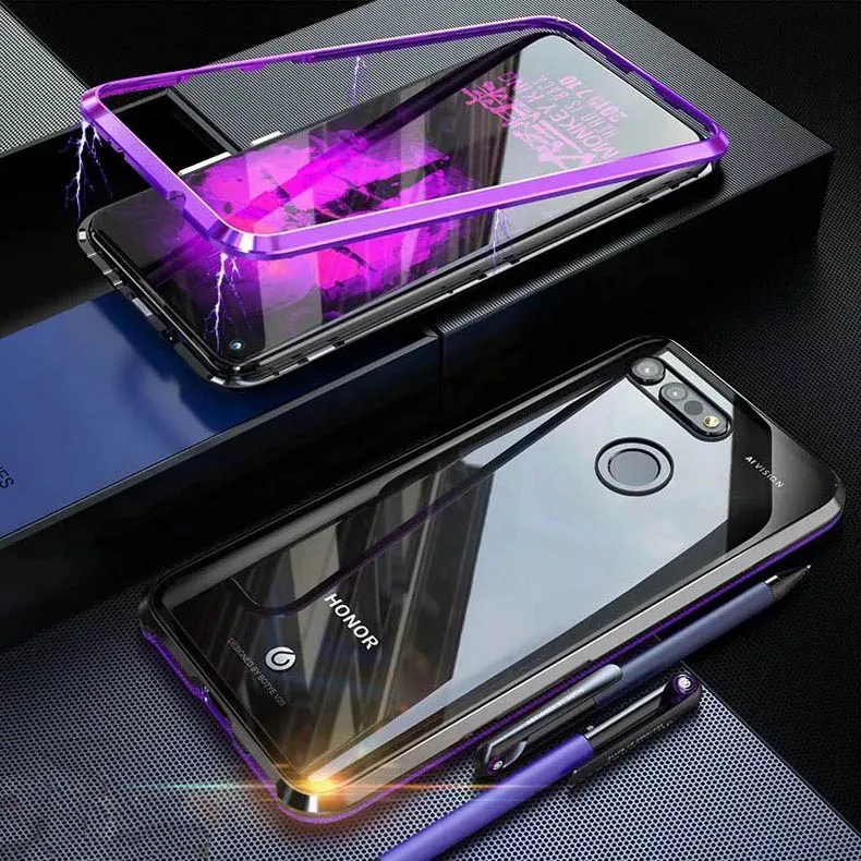 Honor View 20 чехол противоударный магнитный металлический бампер чехол для телефона для huawei Honor View 20 прозрачный стеклянный чехол для Honor V20 8X Capa - Цвет: black purple