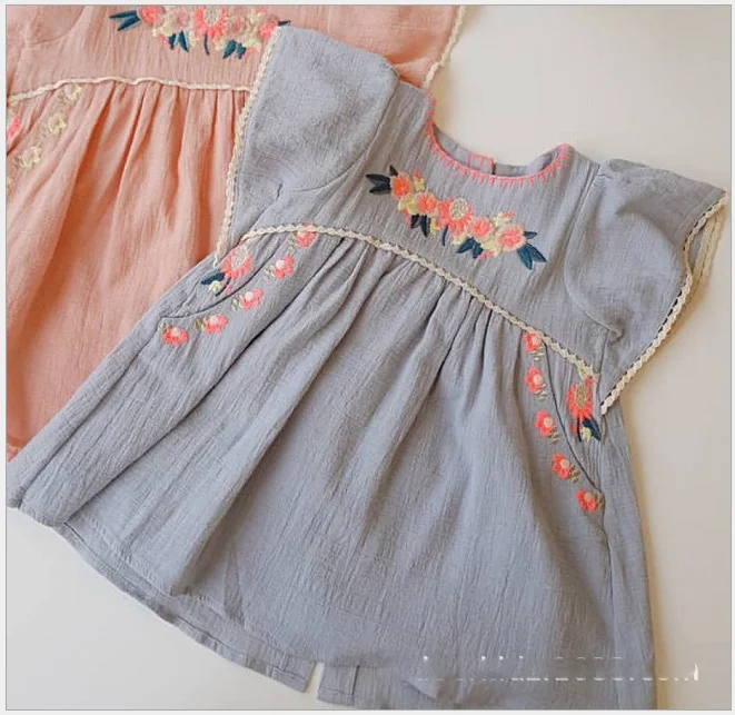 gray blue same style Детское платье г. Брендовые весенне-летние платья с короткими рукавами и цветочной вышивкой для девочек Новая Модная хлопковая одежда для маленьких детей - Цвет: gray blue same style