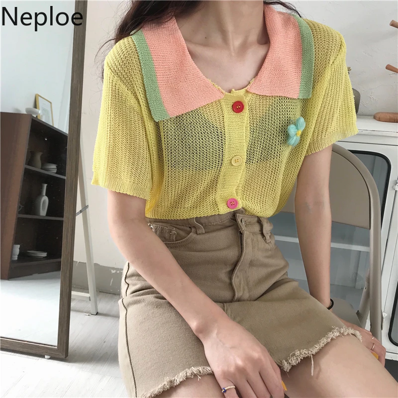 Neploe трикотажные шелковые женские футболки лето 2019 корейский отложной воротник