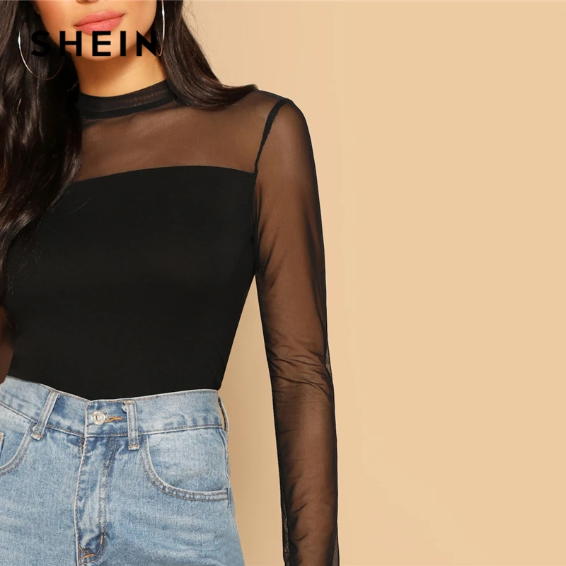 SHEIN Прозрачный Сетчатый Топ Со Стоячим Воротником Женский Весенний Черный Сексуальный Топ С Длинными Рукавами