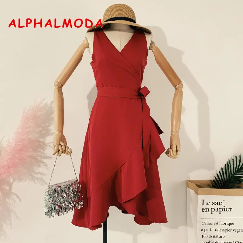 Женское асимметричное платье ALPHALMODA однотонное винтажное Элегантное без рукавов